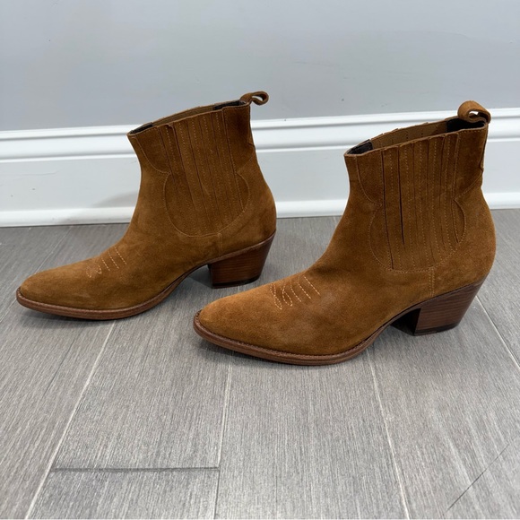 MAJE Farwest Suede Cowboy Boots Size 41 10.5 Tan Camel 70s Western Ankle Booties - Picture 8 of 16